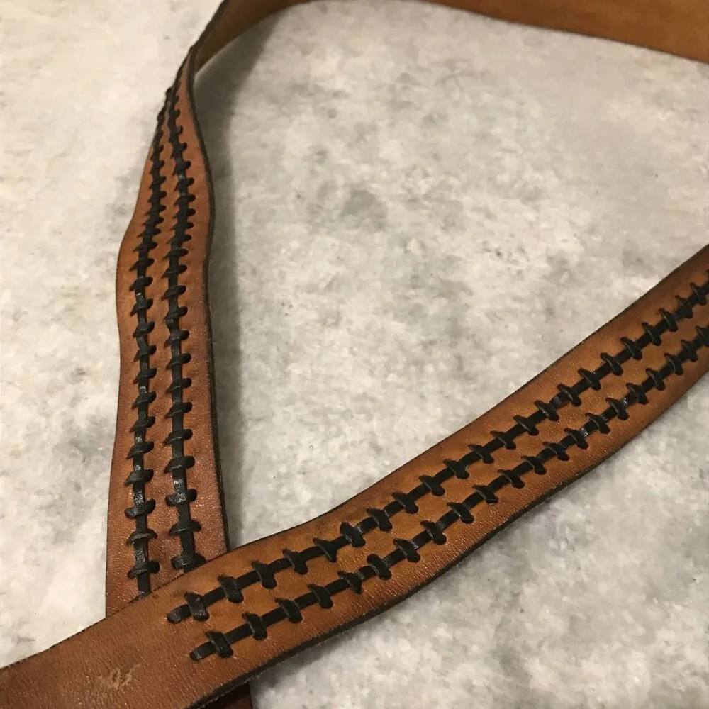 Vintage Leather Belt Mens 52 Brown Black Laced Woven Brass Buckle Western Cowboy